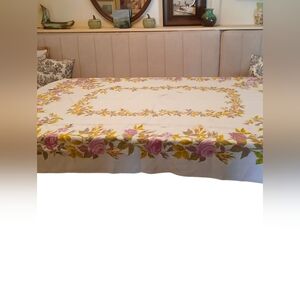 Vintage White Linen Tablecloth W Pink , Green Rose Print